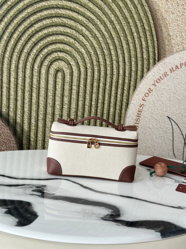 Loro Piana L19 Canvas Crossbody Bag – Spring/Summer Resort Collection in Beige Canvas With Burgundy Trim