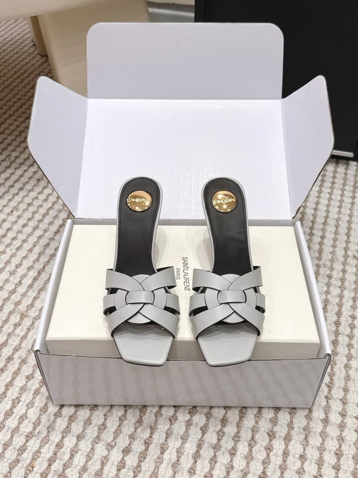 Saint Laurent Melody Square-Toe Heeled Sandals – 2026 Spring/Summer Collection in Beige Patent