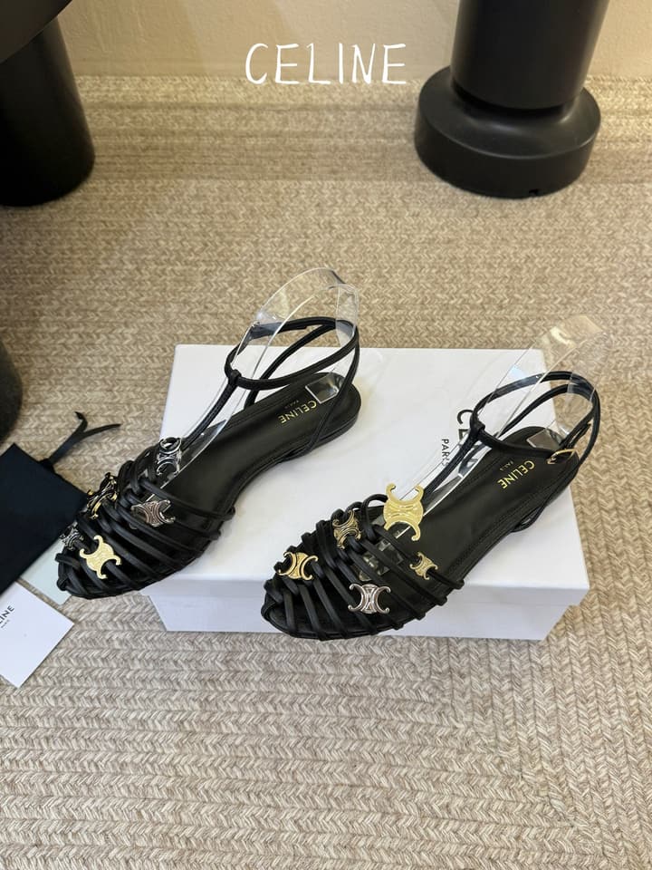 Celine Triomphe Ankle Strap Sandals – Spring/Summer Collection in Black - Large Logo Flats