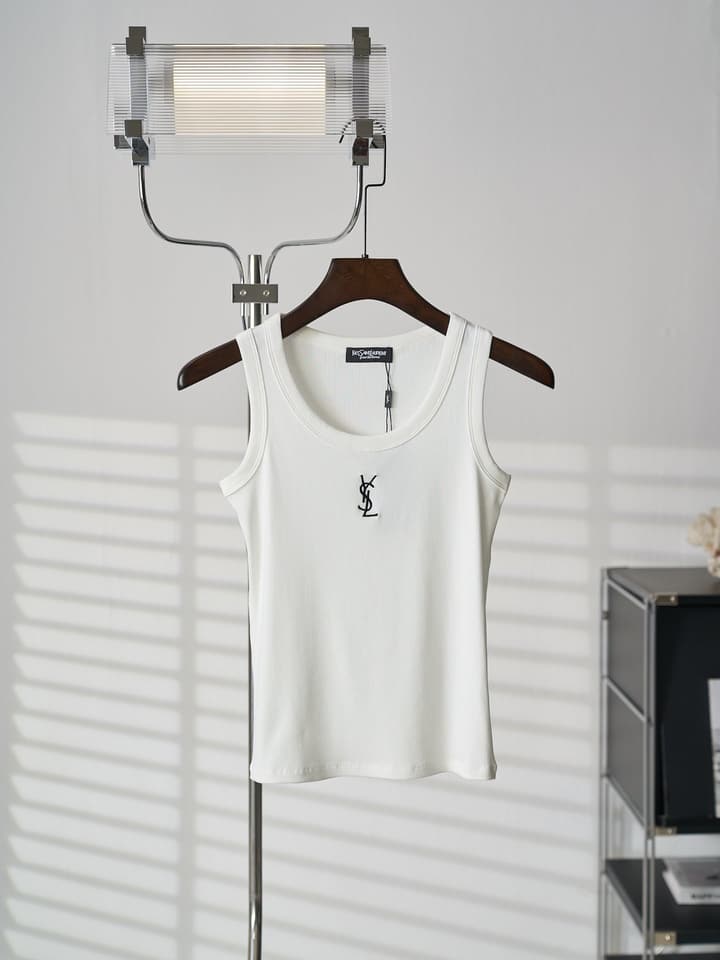 Saint Laurent YSL Embroidered Stretch Tank Top in Black