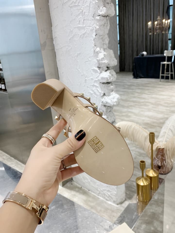 Valentino Studded Classic Block Heel Sandals in Beige
