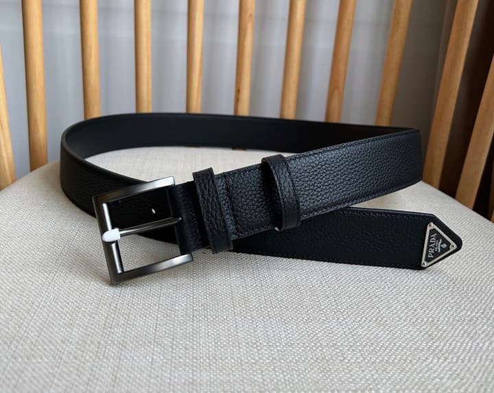 Prada Leather Belt with Triangle Logo in Black Leather Gold Buckle