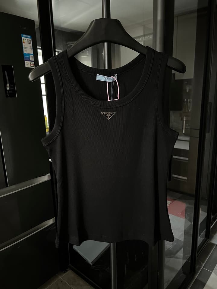 Prada Metal Triangle Logo Ribbed Tank Top – 25SS in Black