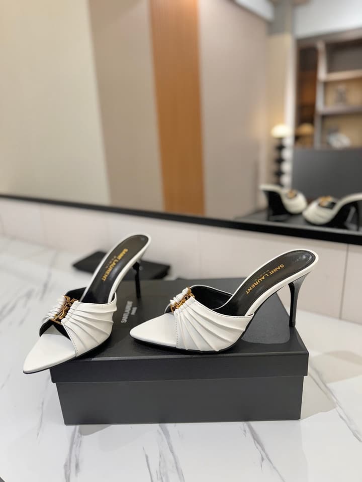 Saint Laurent Crystal Chain Heeled Sandals – 2025 Spring/Summer Collection in Beige