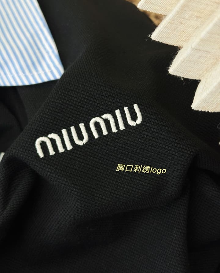 Miu Miu Preppy Embroidered Striped Polo Shirt in Black