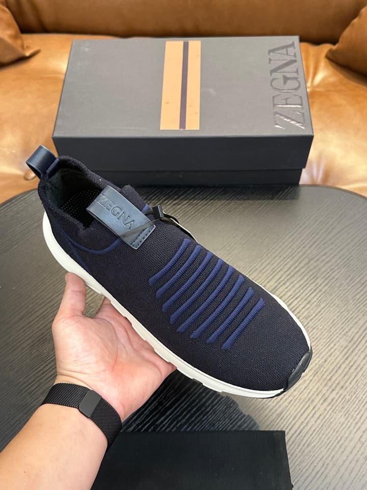 Zegna Techmerino Slip-On Sneakers in Dark Navy With Green Accent
