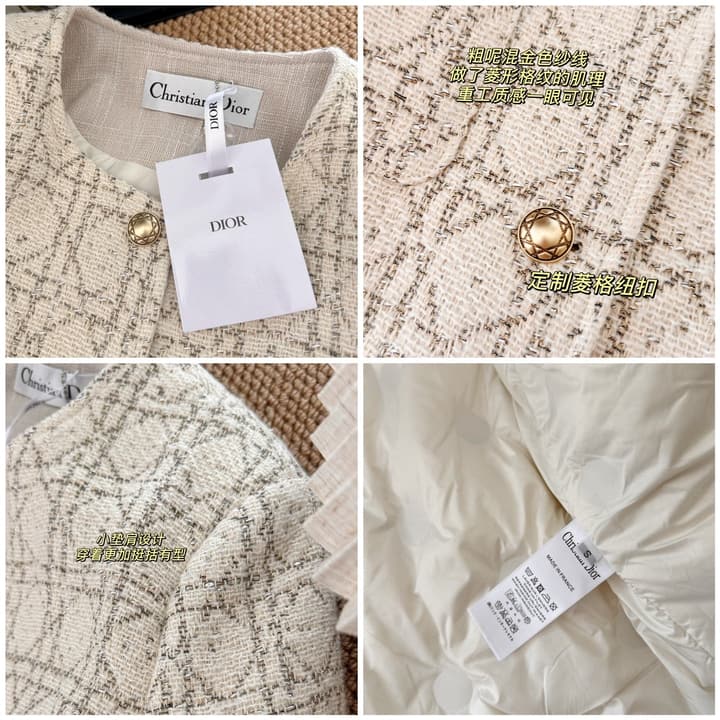 Dior Wealthy Heiress Diamond Quilted Tweed Down Jacket in Beige Tweed Down Jacket