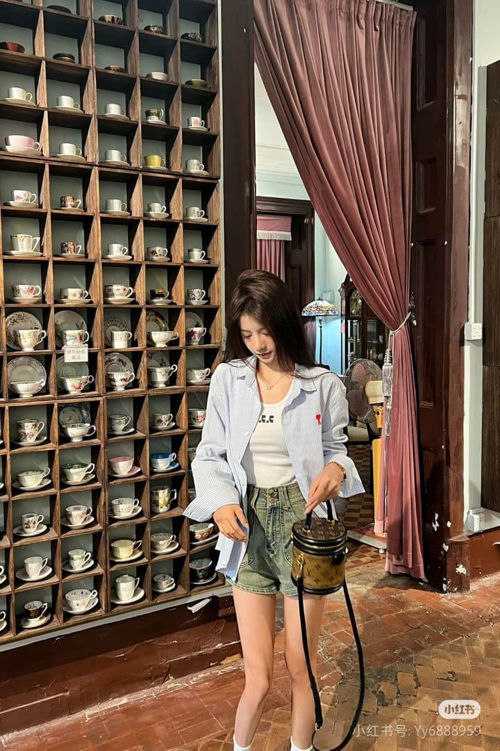 AMI Paris Small Heart Embroidered Striped Long Sleeve Shirt in Blue Stripe