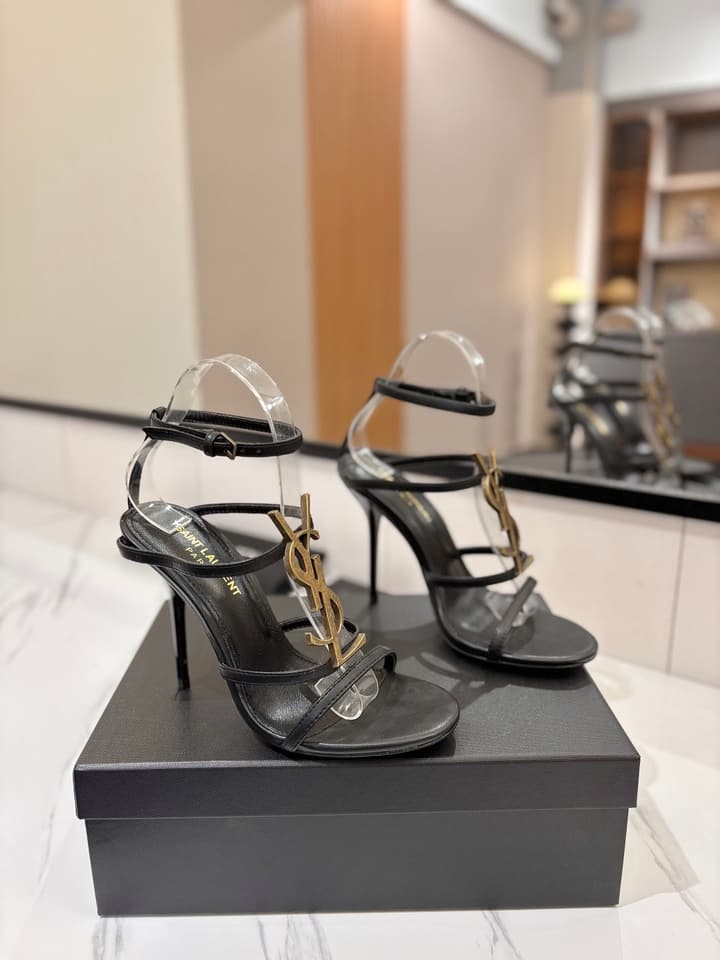 Saint Laurent YSL Logo Mirror Leather Heeled Sandals in Black With Black Logo