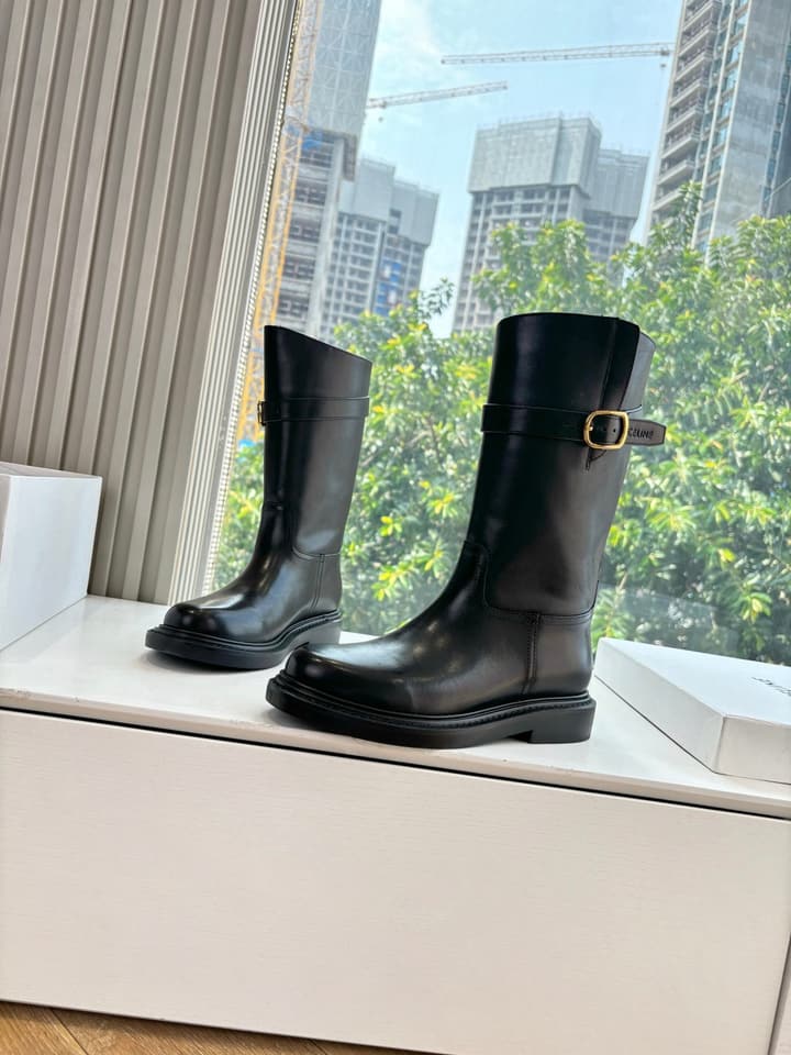 Celine Triomphe Knight Ankle Boots – 2025 Fall/Winter Collection in Black And Brown Leather Display