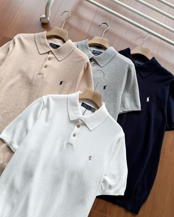 Ralph Lauren Short-Sleeve Knit Polo Shirt – Summer Collection in Grey