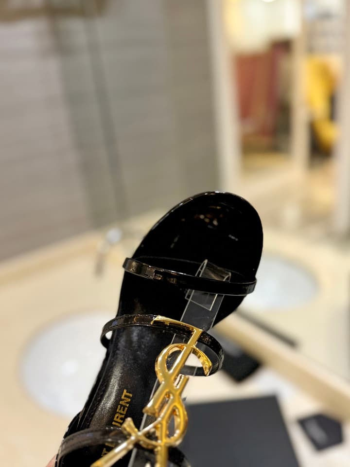 Saint Laurent YSL Logo Lacquer Heeled Sandals in Black Matte With Black Logo