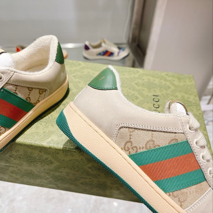 Gucci First Generation Distressed Leather Sneakers in Beige Distressed With Web Stripe