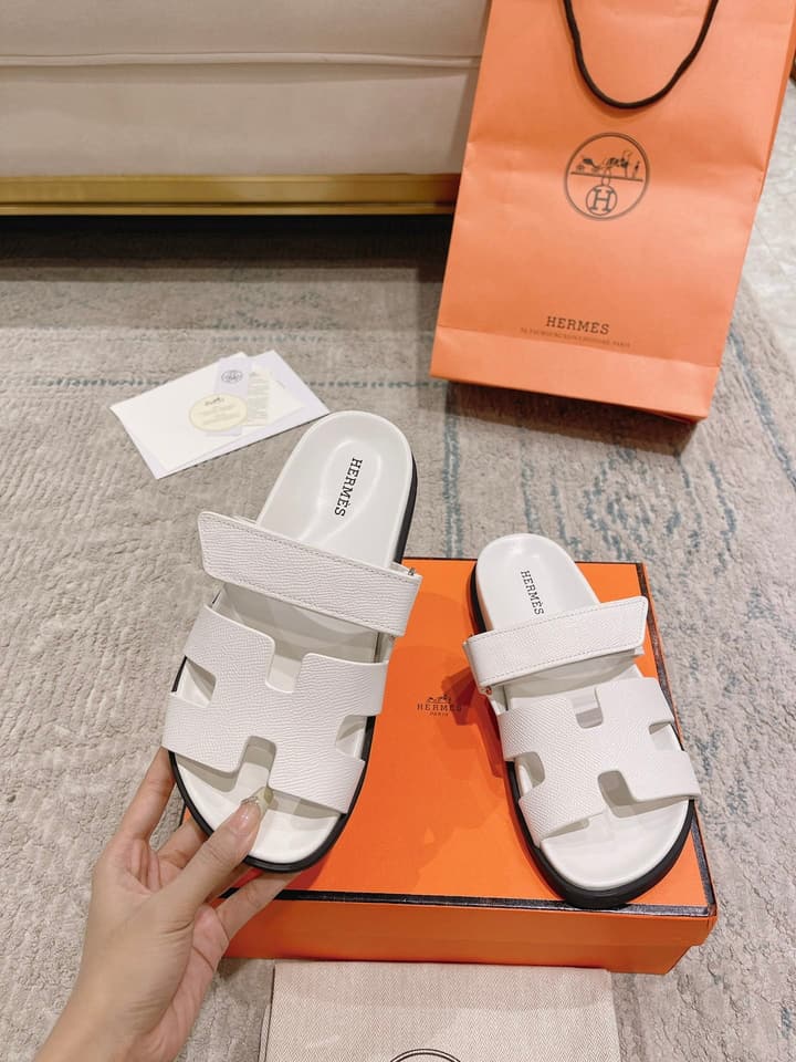 Hermès Chypre Suede Unisex Slides in Black With Dark Blue Strap