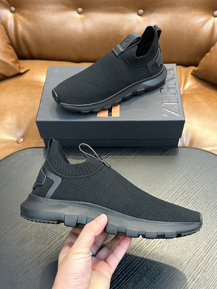 Zegna Techmerino Slip-On Sneakers in Dark Navy With Green Accent