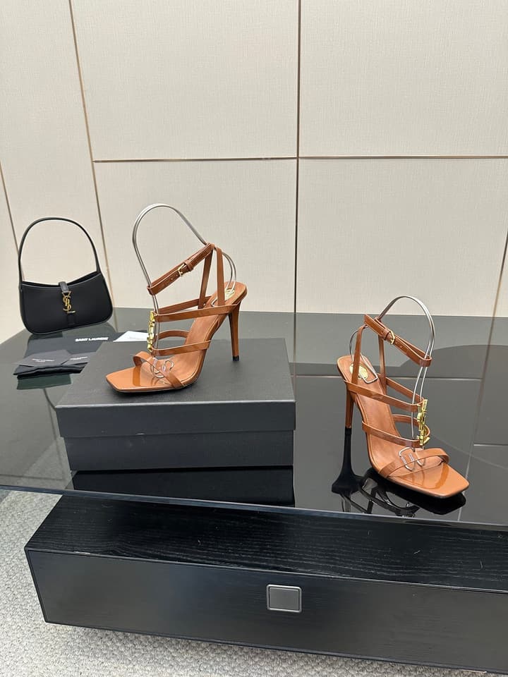 Saint Laurent Patent Leather Heeled Sandals in Bright Amber