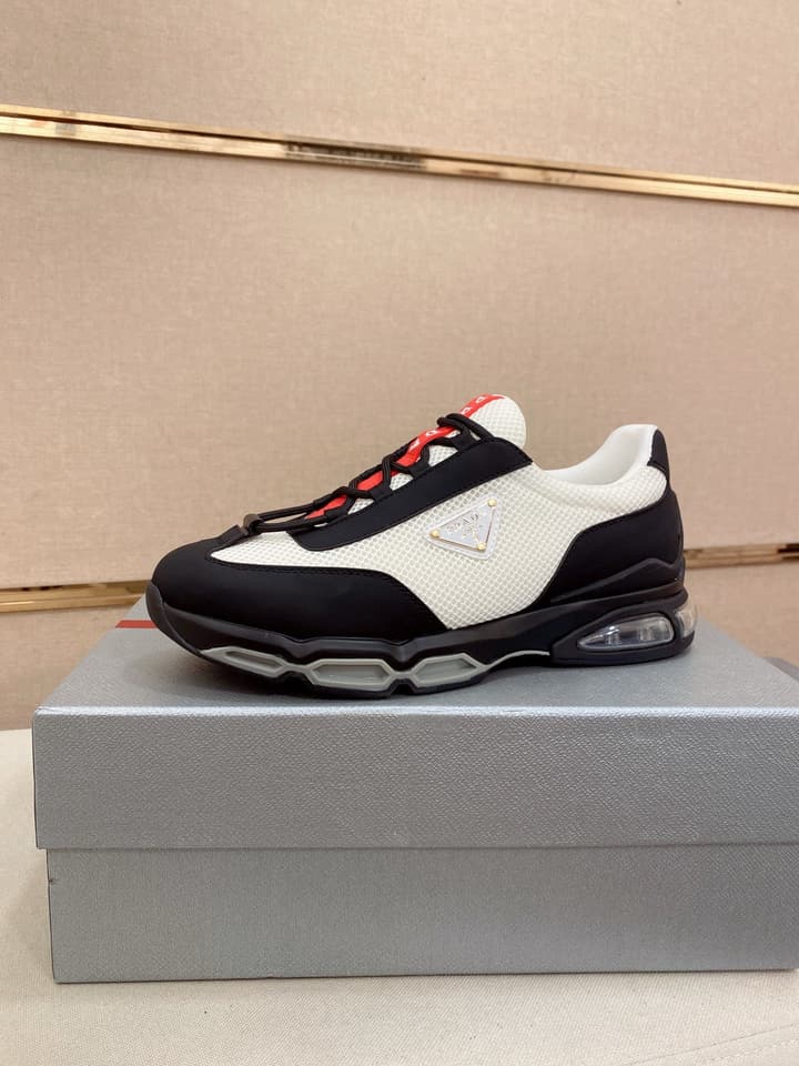 Prada Men's Leather Mesh Sneakers – New Collection in Light Grey With White Logo