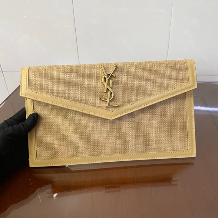 Saint Laurent Uptown Raffia Clutch Bag in Natural Raffia Beige