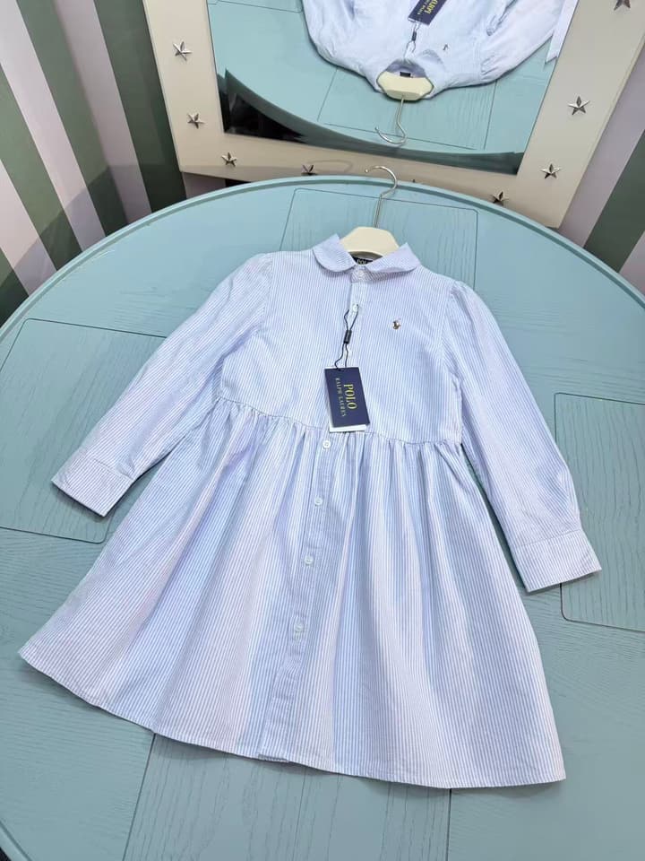 Ralph Lauren Polo Kids Embroidered Shirt Dress – 2025SS – Kids Collection in Blue Pinstripe