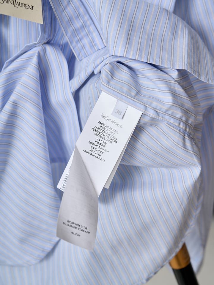 Saint Laurent Pocket Embroidered Striped Long-Sleeve Shirt in Light Blue
