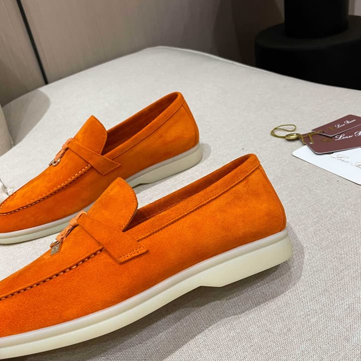 Loro Piana Summer Charms Walk Moccasin Loafers in Bright Orange Leather