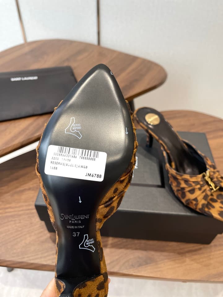 Saint Laurent Pointed Toe Stiletto Heeled Sandals – 26SS in Black - Gold Logo Plaque