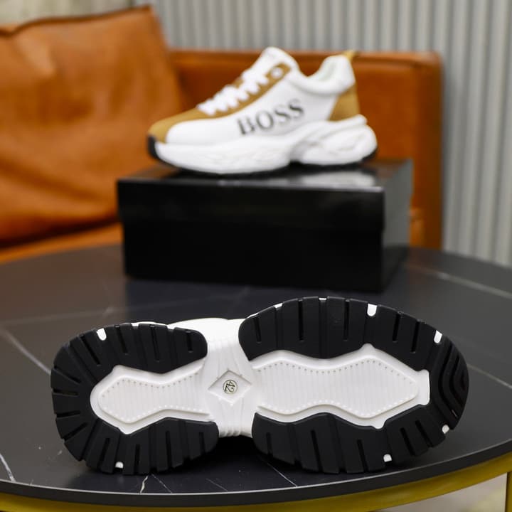 Boss Men's Luxury Running Sneakers in Black Mesh With White Sole