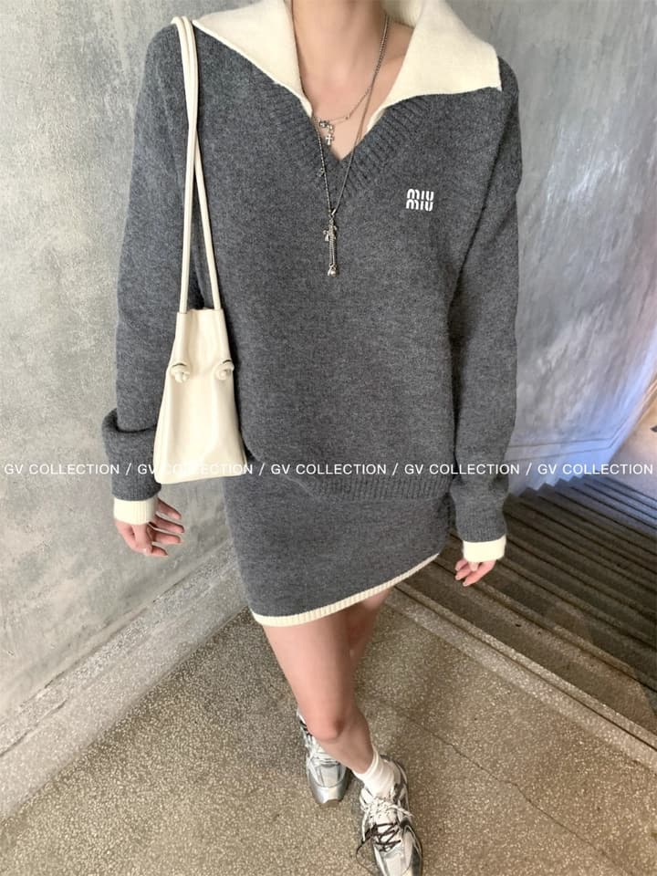 Miu Miu Contrast Collar Knit Set in Grey Knit With Off-white Trim