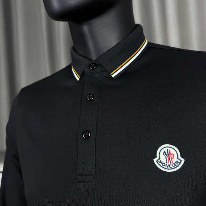Moncler Classic Striped Collar Embroidered Long Sleeve Polo Shirt – Spring/Autumn Collection in Black With White Tipping (hanger)
