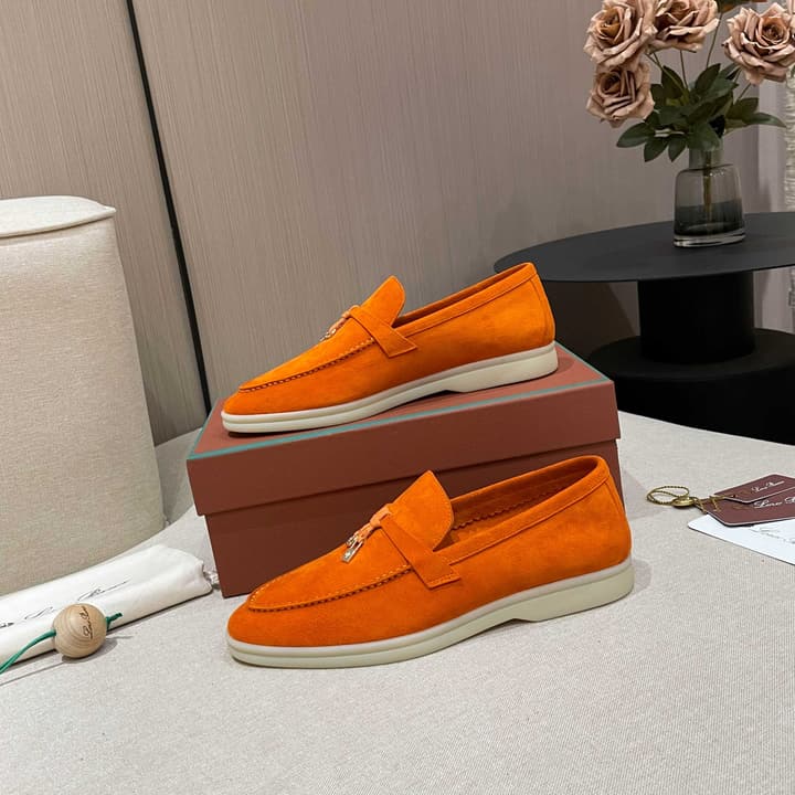 Loro Piana Summer Charms Walk Moccasin Loafers in Bright Orange Leather