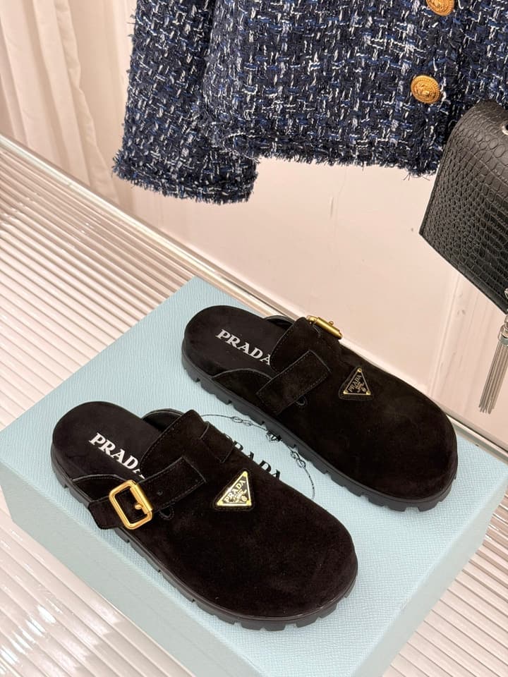 Prada Triangle Logo Birkenstock Slippers – Spring/Summer Collection in Black Suede