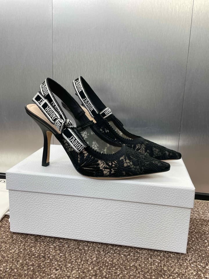 Dior J'Adior Oblique Jacquard Heeled Sandals – 2023 Spring/Summer Collection in Black Oblique Mesh 6.5cm Heel, Brightly Lit Front