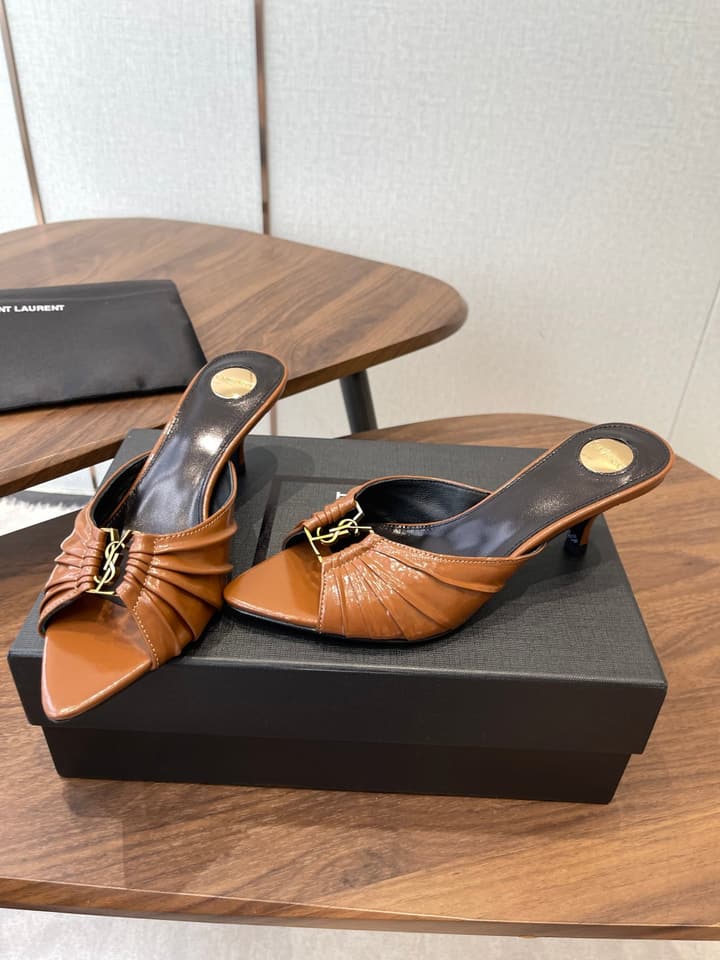 Saint Laurent Pointed Toe Stiletto Heeled Sandals – 26SS in Black - Gold Logo Plaque