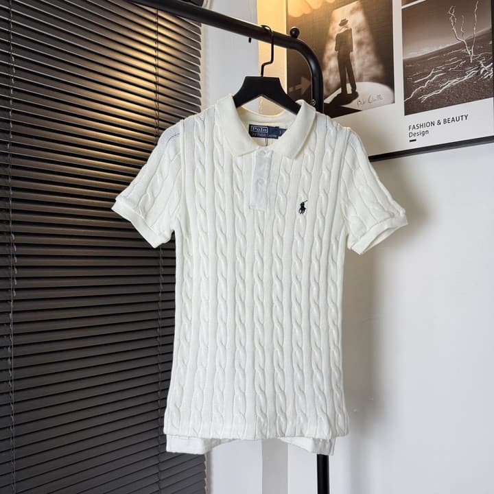 Ralph Lauren Pony Embroidered Cable-Knit Polo Shirt in Baby Blue