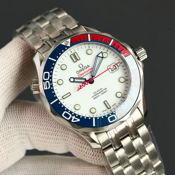 Omega Seamaster 300 Dive Watch in White Dial Blue Red Bezel