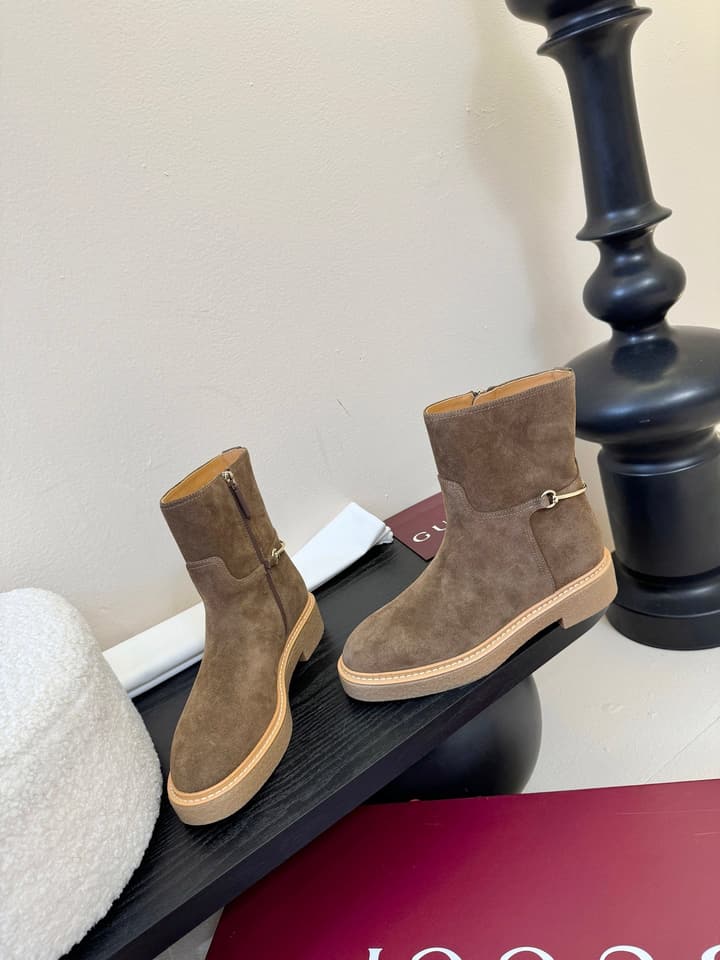 Gucci Runway Suede Boots in Taupe Suede