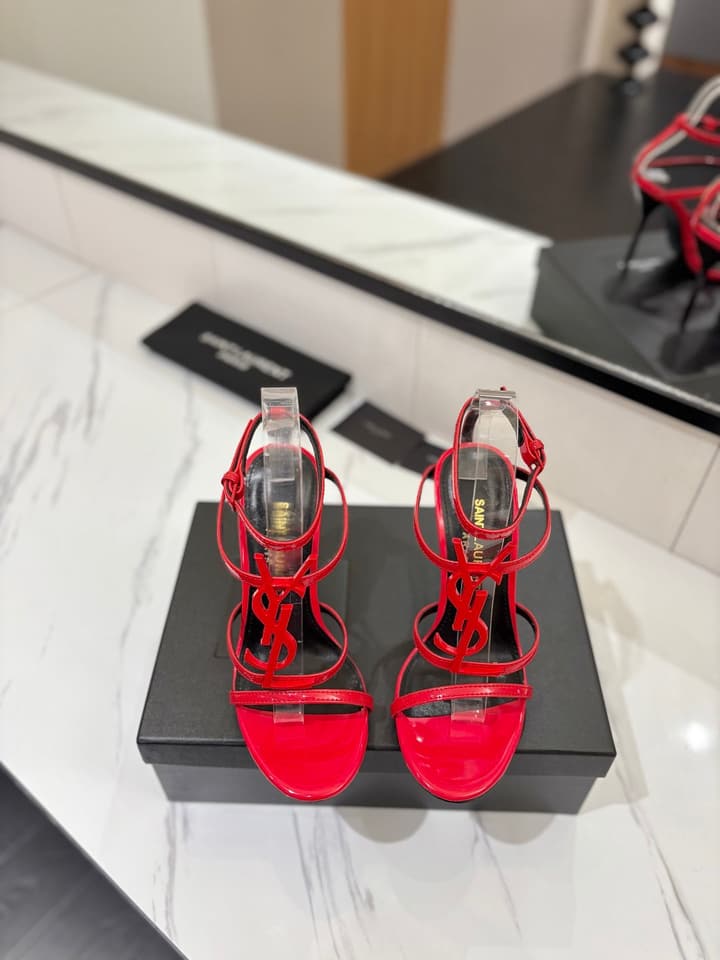 Saint Laurent YSL Logo Mirror Leather Heeled Sandals in Black With Black Logo