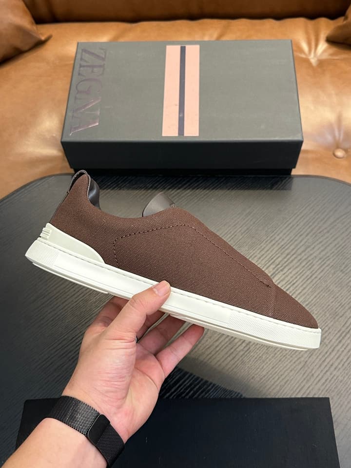 Zegna Triple Stitch Low-Top Sneakers in Dark Brown