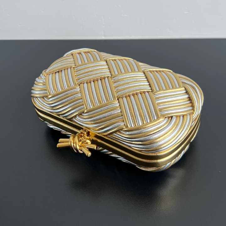 Bottega Veneta Kont Two-Tone Evening Clutch Bag in Gold And Silver Woven Leather