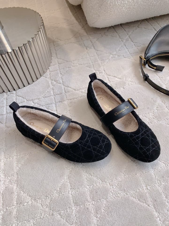 Dior Quilted Wool Mary Jane Flats in Black Suede