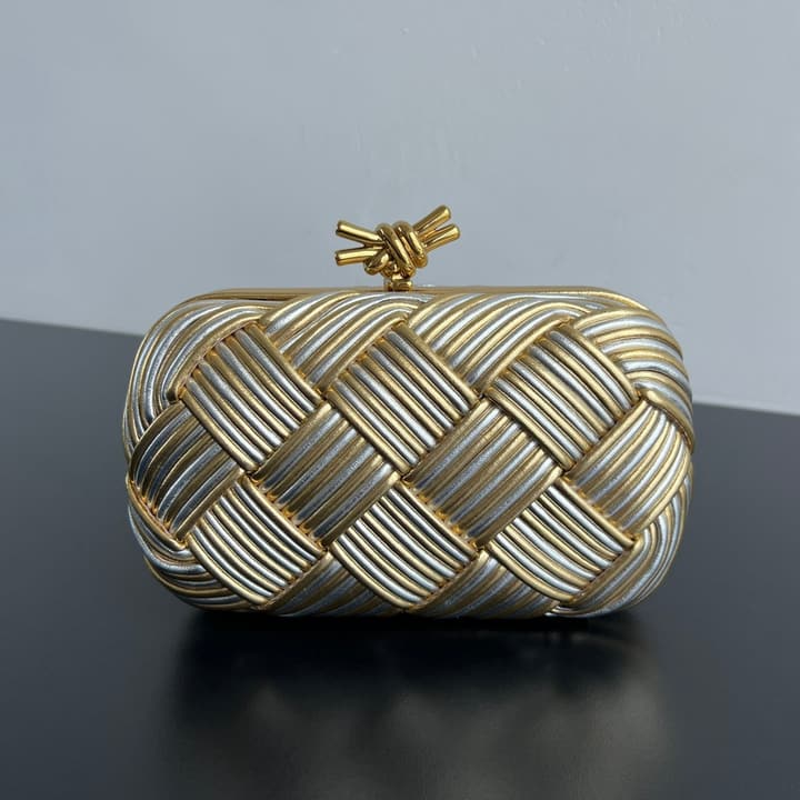Bottega Veneta Kont Two-Tone Evening Clutch Bag in Gold And Silver Woven Leather