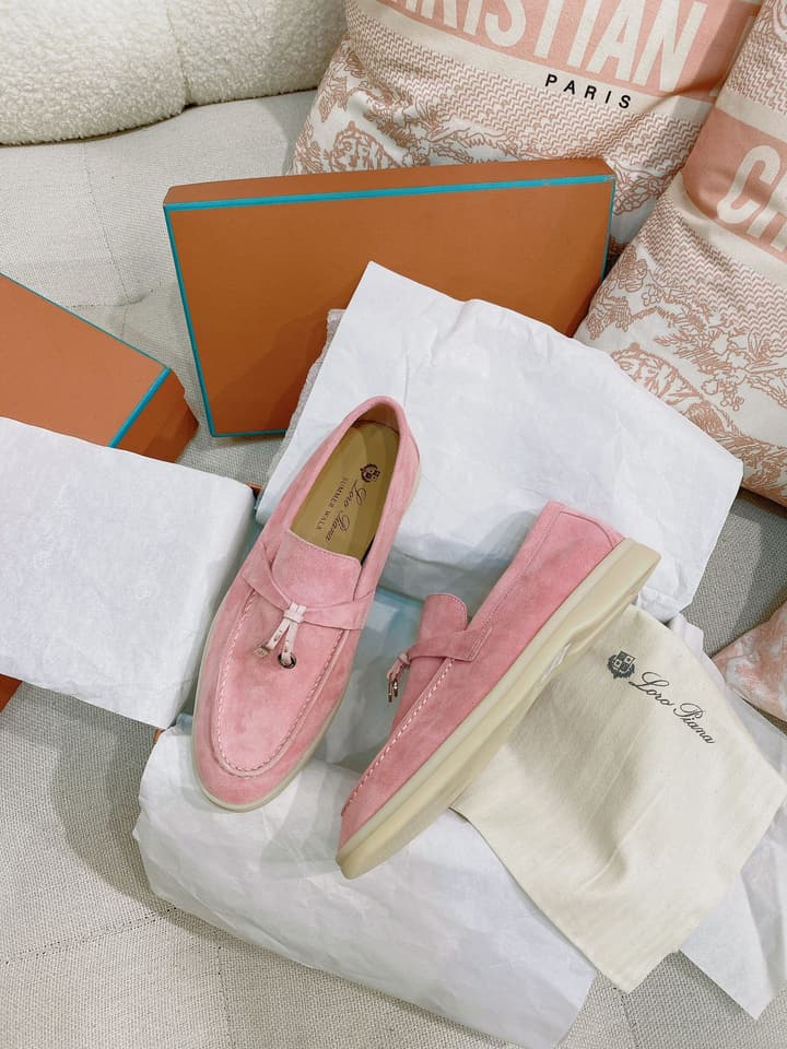 Loro Piana Glossy Cashmere Loafers in Blush Pink Suede