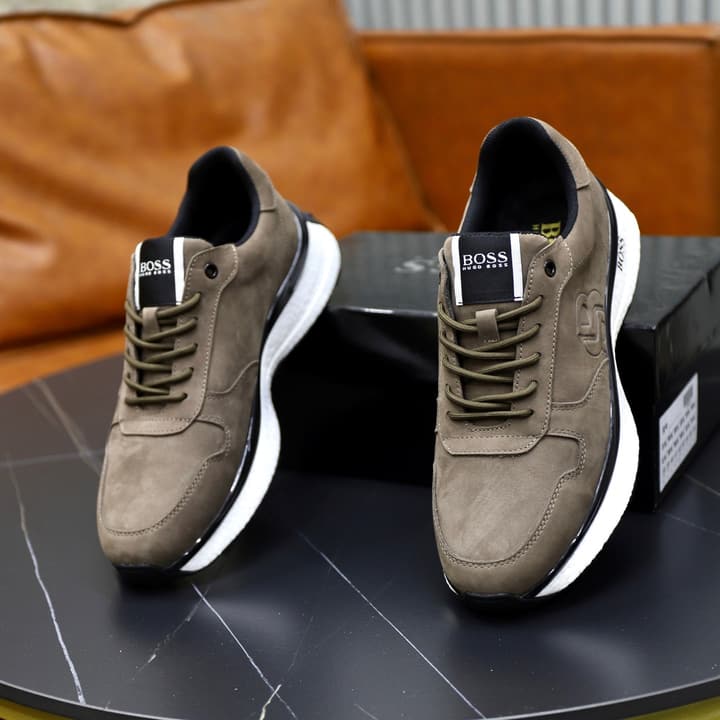 Boss Men's Luxury Running Sneakers in Black Mesh With White Sole