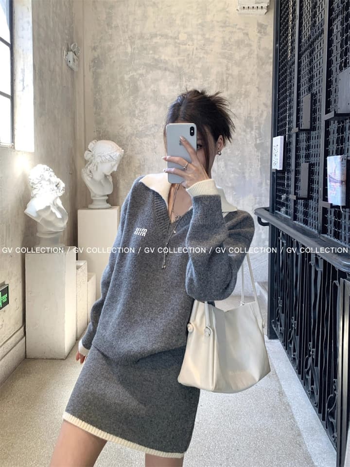 Miu Miu Contrast Collar Knit Set in Grey Knit With Off-white Trim