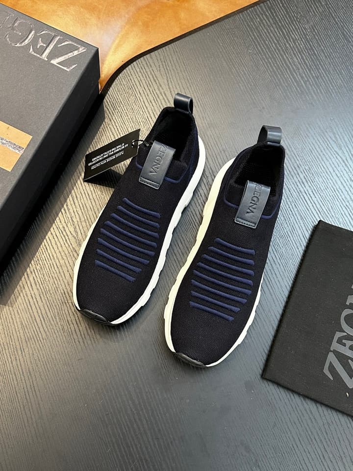 Zegna Techmerino Slip-On Sneakers in Dark Navy With Green Accent