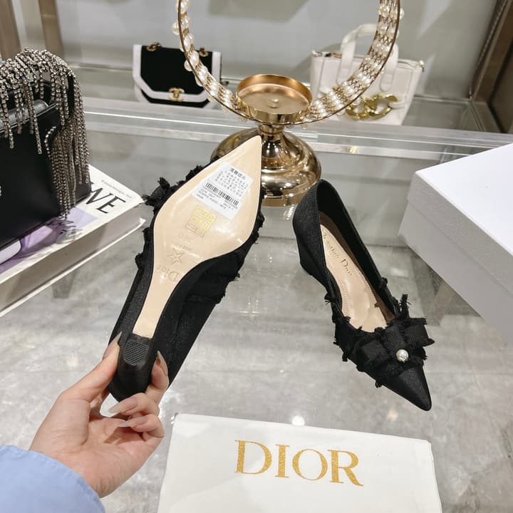 Dior Adiorable Bow Pearl Wedge Pumps in Black Ruffled Bow