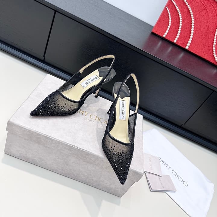 Jimmy Choo Mesh Rhinestone Slingback Heels – Spring/Summer Collection in Pure White