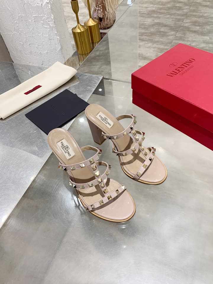 Valentino Studded Classic Block Heel Sandals in Beige