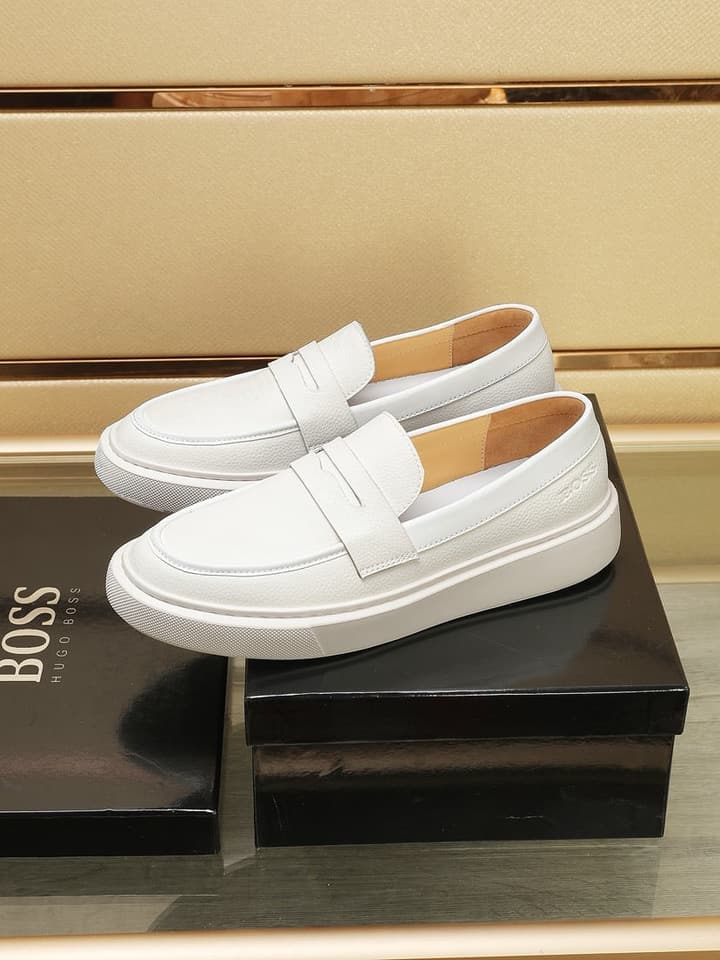 Boss Men's Luxury Leather Slip-On Loafers in Black Smooth Leather