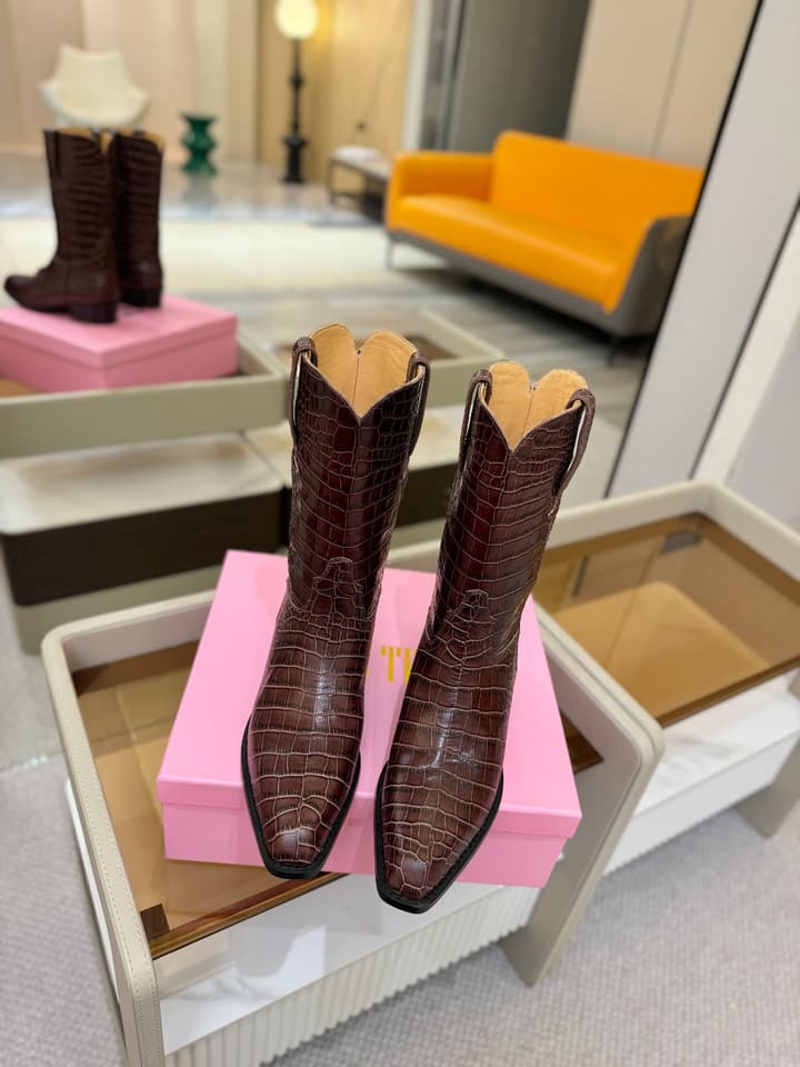 Paris Texas Crocodile Embossed Western Ankle Boots in Chocolate Croc